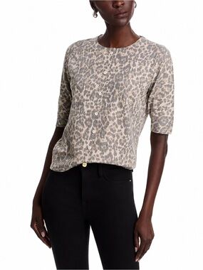 NWT Sioni Leopard Print Button-Front Cardigan Sweater Top in Taupe S
